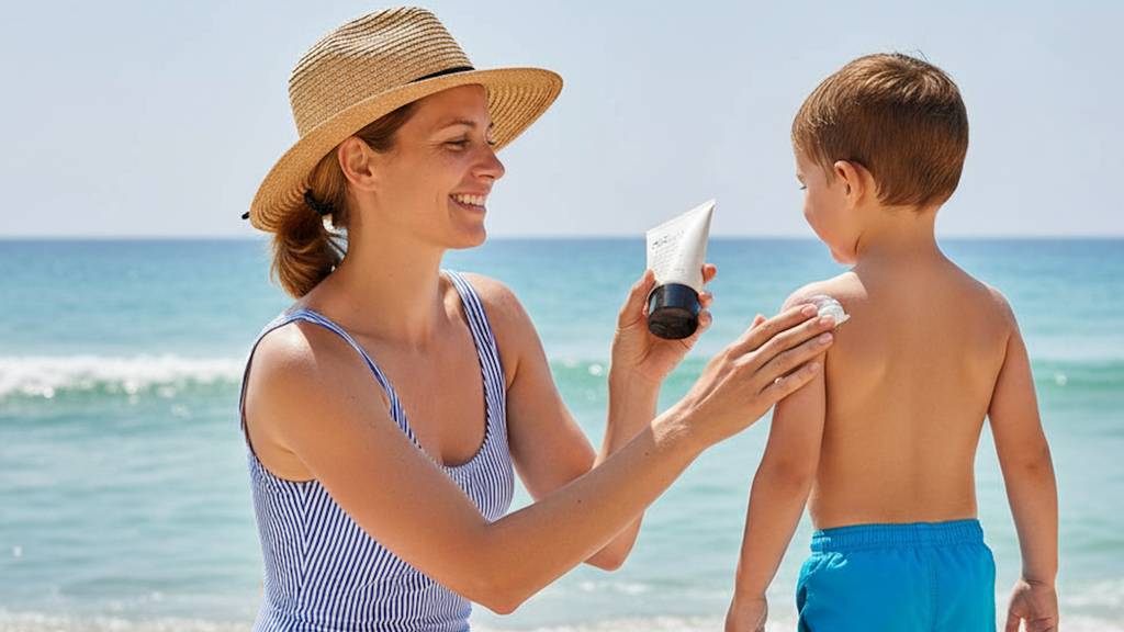 mamma mette crema solare su bambino